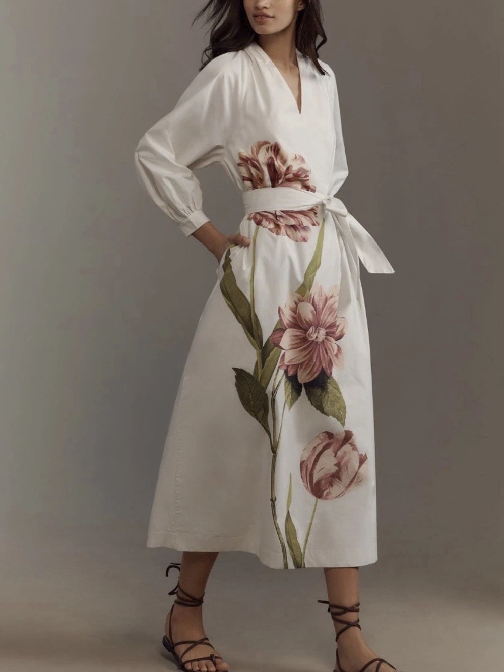 Anthropologie Floral Belted V Neck Long Sleeve Midi Dress Size Large Ivory